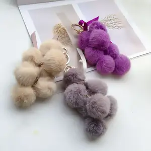 Grosir Buah Pom Pom Bola Anggur Faux Bulu Kelinci Gantungan Kunci untuk Hadiah Tas Liontin Ornamen Kunci