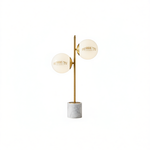 Lampe de table globe LED moderne à 2 lumières, abat-jour en verre blanc, base en marbre, finition dorée, décoration de salon - Product Image 1
