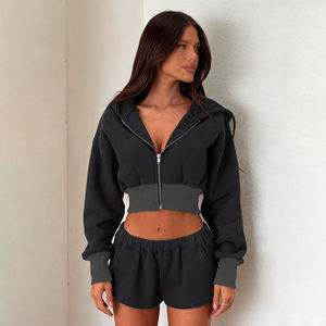 ชุดเสื้อฮู้ดครอปลำลอง-เสื้อแขนยาวสวมใส่สบายและกางเกงขาสั้นซิปเหนือเข่าสำหรับผู้หญิง - Product Image 3