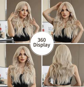 Peluca Completa sin Encaje, Estilo Moderno, Color Dorado, para Mujer, Uso Diario, con Flequillo en Forma de Ocho, Ondulada, Larga y Rizada - Product Image 2