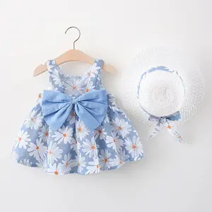 Baby Girls Vestidos Com Chapéu 2pcs Clothes Sets Kids Clothes Baby Sleeveless Birthday Party Princess Dress Print Floral bow