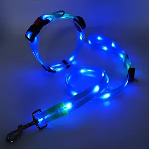 LED 라이트 칼라 USB 충전 개 목걸이 가죽 끈 세트 나일론 PVC 랩 테이프 충전식 애완 동물 리드 칼라 세트 산책 밤