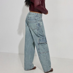 Pantalon cargo en jean taille haute pour femme avec poches, coupe ample, respirant, décontracté, style baggy - Product Image 3