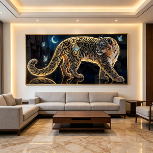 Factory Sales Arabian Style Golden Scrollwork Leopard Wall Art LED Wall Decor Islamic Home Hotel Crystal Porcelain Painting - Product Image 4