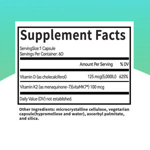 60 Cápsulas Vegetarianas de Vitamina D3 y K2, Suplemento para Adultos para Mejorar la Densidad Ósea y el Soporte de Huesos y Articulaciones - Product Image 3