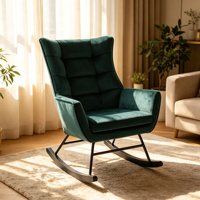 Fauteuil à bascule moderne en velours vert émeraude, capitonné, avec base en métal noir pour chambre à coucher, appartement, certifié BSCI, OEM/ODM