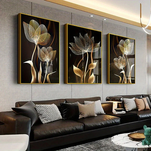 3 pièces de <span class=keywords><strong>peinture</strong></span> sur toile murale à fleurs noires <span class=keywords><strong>et</strong></span> dorées, décoration de salon, affiche <span class=keywords><strong>abstraite</strong></span> moderne, <span class=keywords><strong>peinture</strong></span> décorative pour la maison - Product Image 2