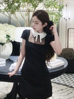 Nouvelles arrivées Bettergirl Ramadan 2026 Robe courte classique noire à col contrastant et nœud pour l'été