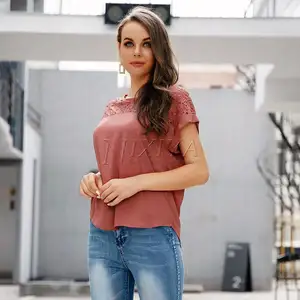 High Quality Yarn and Water-soluble Lace Round Neck Short Sleeve Women Shirt