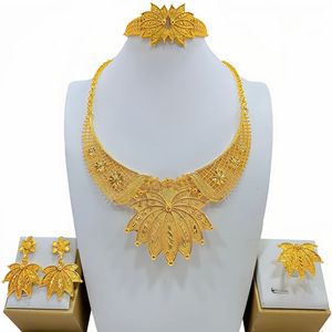 Ethnic Gold Plated Jewelry <b>Set</b> Necklace Earrings Ring <b>Bracelet</b> Wedding Women's Fashion Floral Design 22k Plated - Product Image 4