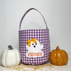 Cá nhân hoá tùy chỉnh thêu lừa hoặc điều trị Quà Tặng Tote túi kẹo giỏ gingham Halloween xô - Product Image 6