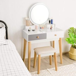Ensemble de coiffeuse avec miroir LED, 3 modes d'éclairage coloré et luminosité réglable, avec tabouret rembourré pour <span class=keywords><strong>filles</strong></span> - Product Image 4