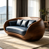 Canapé trois places en cuir bleu foncé, structure en fibre de verre, placage bois, coque enveloppante arrondie, design artistique de luxe pour salon