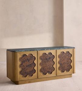 Buffet en chêne sur mesure, plateau en marbre vert Naples, placage de bois festonné, 3 portes à ouverture par pression, armoire de rangement - Product Image 2