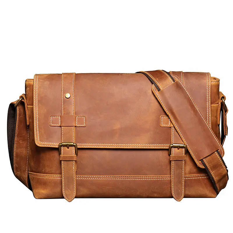 Men's Vintage Shoulder Bag Large Capacity Crazy Horse Leather Messenger Bag Genuine Leather Custom Logo Crossbody Bag