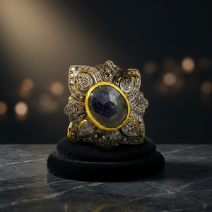 Vintage Flower <b>Cocktail</b> <b>Ring</b> Yellow <b>Gold</b> Plated Natural Stone Pave Setting Women's Jewelry - Product Image 2