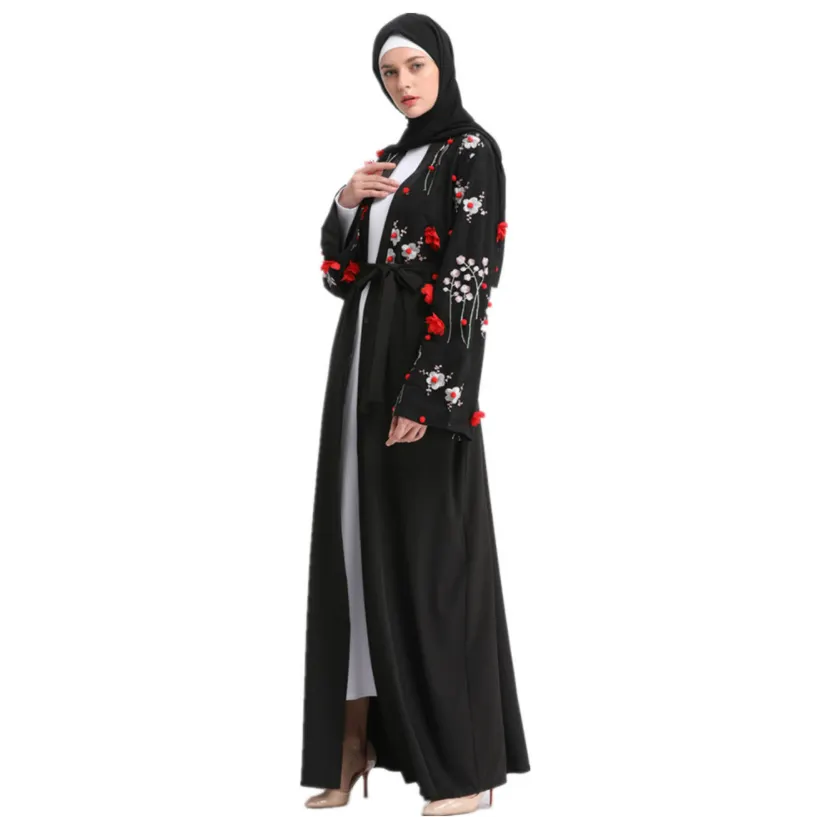 האחרון עיצובים שחור 3D פרחים דובאי פתוח פרחוני קימונו קרדיגן קפטן חיג 'אב חדש דגם מוסלמי העבאיה אסלאמית