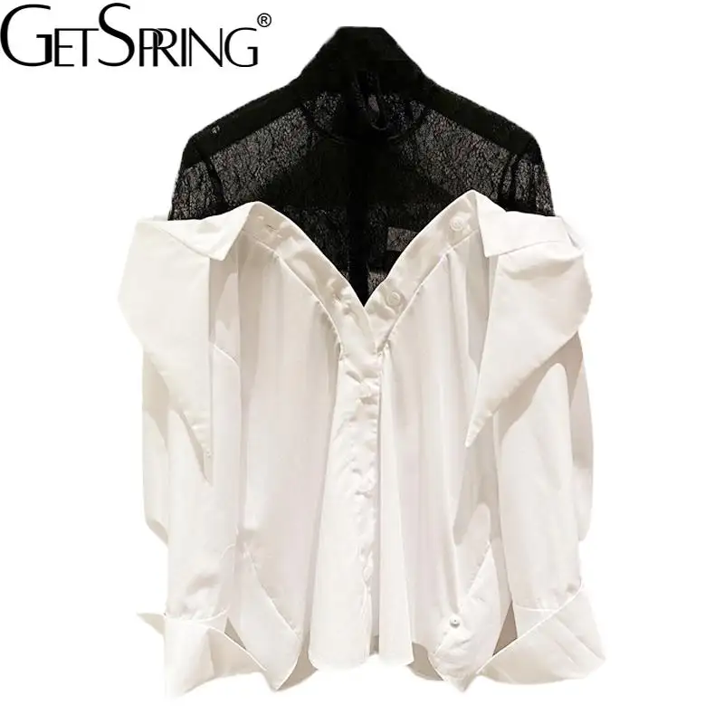 Getspring Women Shirt Asymmetry Lace shirt Patchwork White Blouse Long Sleeve Color Matching Casual Shirt Tops 2021 New