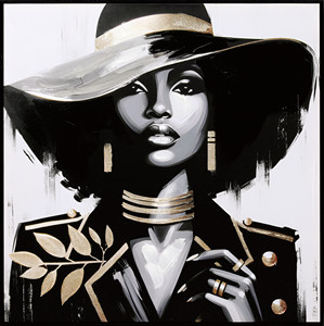 Cuadro <span class=keywords><strong>de</strong></span> Arte Mural Elegante Personalizado: Dama Negra con Sombrero con Detalles en Oro, Pintura <span class=keywords><strong>al</strong></span> Óleo <span class=keywords><strong>de</strong></span> Mujer Africana, Retrato Estilizado - Product Image 3