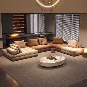 طقم أريكة لورانس الإيطالي بتصميم بسيط من الجلد مع قماش مصقول، أريكة متعددة الاستخدامات لغرفة المعيشة - Product Image 1