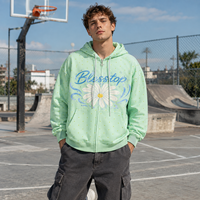 Sweat-shirt à capuche zippé personnalisé BlessTop avec motif à pois et logo floral, vert menthe, pour les marques de mode et de style de vie