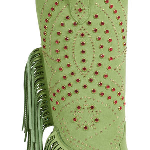 Bottes hautes personnalisées WETKISS pour femme, à franges, ornées de strass, bout pointu, talon carré, bottes longues vertes, style western cowgirl - Product Image 5