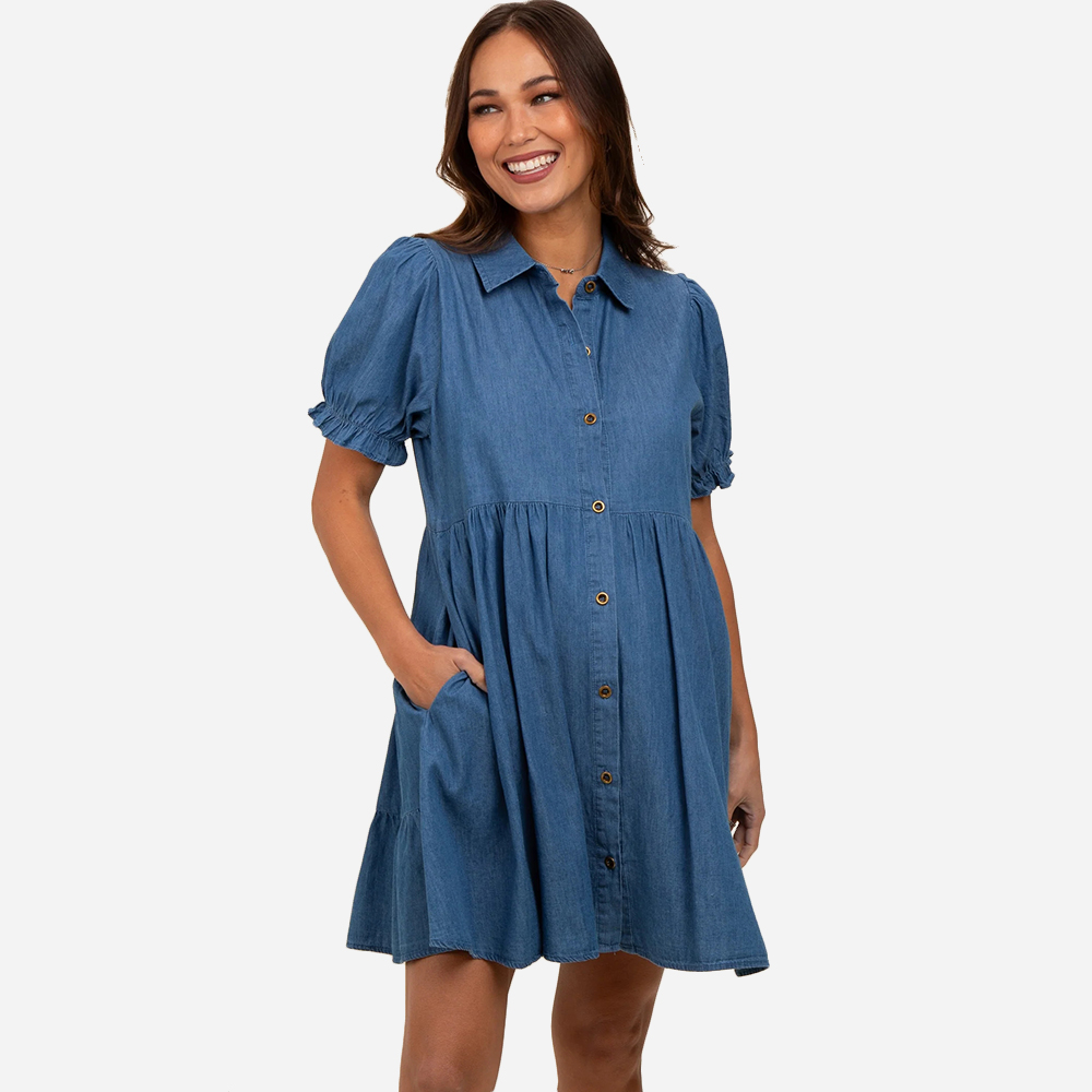 Short Puff Sleeves Side Pockets Button Front Denim Feeding Nursing Sexy Maternity  Dress| Alibaba.com