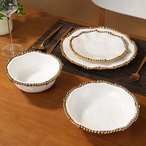 18-Piece handmade gốm trắng và vàng Bộ đồ ăn BPA miễn phí món ăn với Vàng Bead TRIM bữa ăn tối tấm và bát - Product Image 2