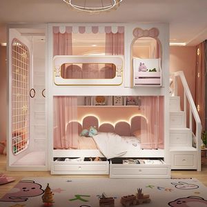 <span class=keywords><strong>Lit</strong></span> <span class=keywords><strong>superposé</strong></span> moderne sur le thème de la princesse pour enfants avec toboggan, escalier de rangement, tiroirs, bibliothèque, bureau, meubles de chambre d'enfant pour fille - Product Image 1