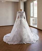 Robe de mariée moderne Feishiluo en mousseline coupe trapèze à manches longues, avec dentelle française cordonnée de haute qualité, traîne chapelle et perles
