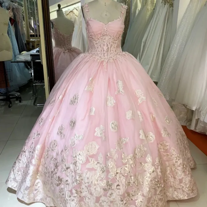 Rosa nuevo deshuesado brillo bordado quinceanera vestidos dulce vestido de bola