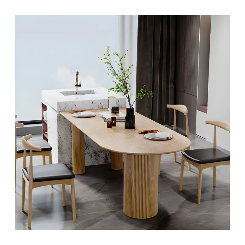 Modernes minimalist isches Design aus halbkreis förmiger Massivholz platte für kleine Haushalts einheiten mit einem Esstisch mit Wand verkleidung