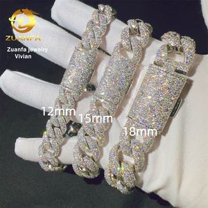 Mosaik-Fassung 12 15 18mm Sterling Silber 925 VVS Moissanit Diamant Hip Hop Cuban <span class=keywords><strong>Link</strong></span> Kette Moissanit Armband - Product Image 1