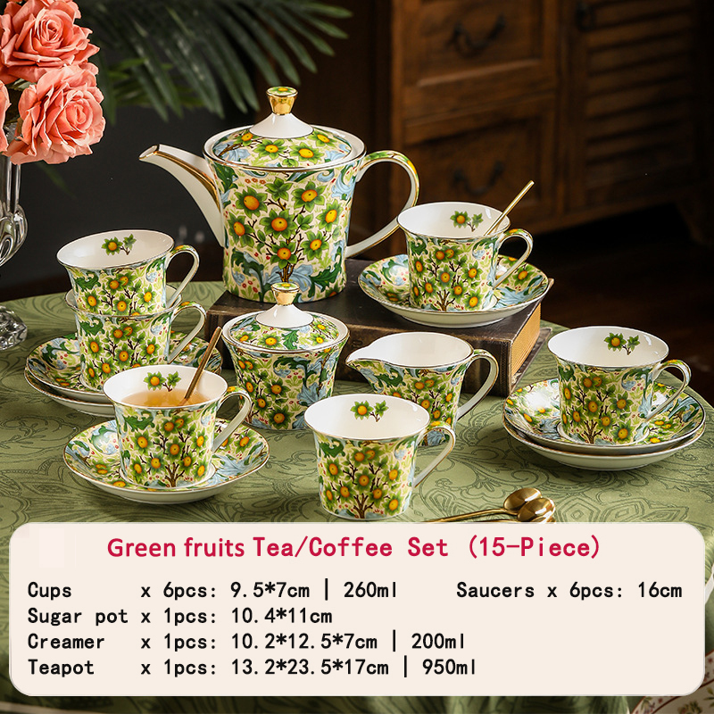 Juego de té de 15 piezas con diseño de frutas verdes.