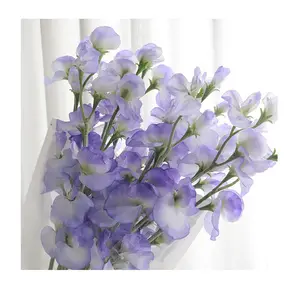 Flores artificiales de guisante dulce púrpura falso de seda al por mayor, flores artificiales de guisante de mariposa azul, decoración de boda para el hogar