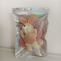 Emballage pour jouets en peluche en plastique laminé OPP, avec fermeture éclair transparente sur le devant, différentes tailles, dos holographique brillant, imprimé par gravure et film laser