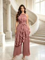 Ensemble pantalon élégant et décontracté Miyaki Midi Plus Size, col halter, pantalon plissé à jambes larges, tenue 2 pièces pour femmes