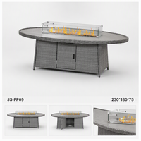 Table de foyer extérieure sur mesure en aluminium ovale avec cadre en rotin, sans fumée, au propane, pour cour, villa, hôtel, terrasse