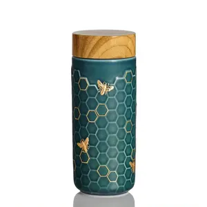 Acera Liven Honey Bee Ceramic Travel Mug / Gold 12.3 Oz Crafted With Beautiful Minimalist Designs Excellent Engraving Technique