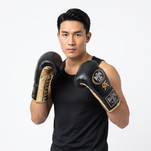 No Boxing No Life Gants de boxe en cuir Noir et Or à lacets pour adultes, équipement d'entraînement à doigts entiers - Product Image 2