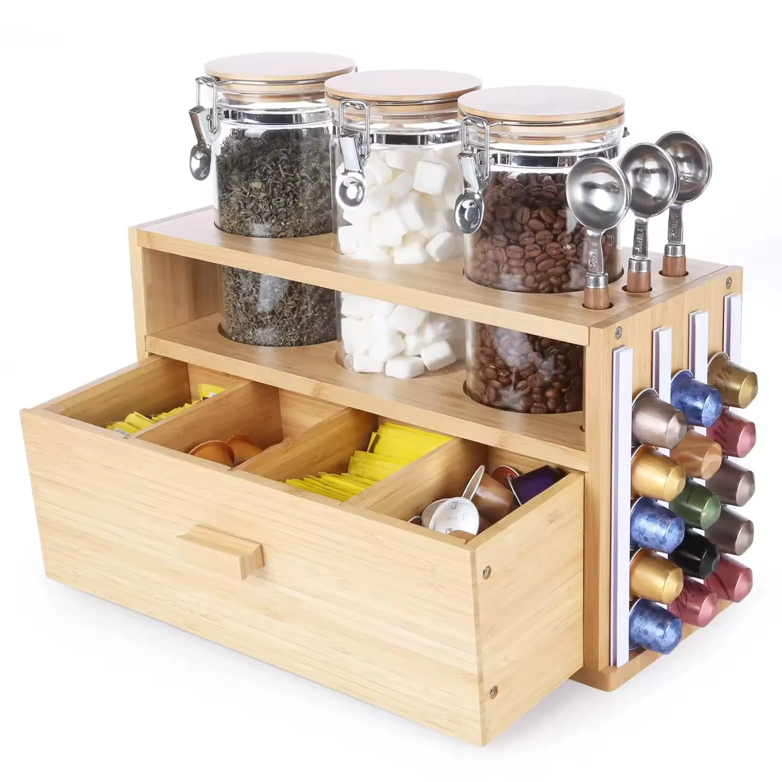 OWNSWING Bamboo Tea and Coffee Organizer with Tea Bags Drawer Coffee Tea Organizer with Airtight Glass Containers