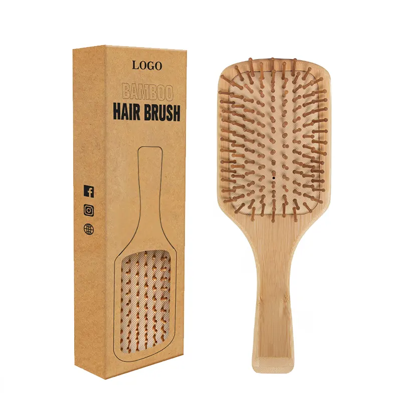 Logo personalizzato durevole Paddle Bamboo Comb setola donna uomo massaggio del cuoio capelluto spazzola per capelli cuscino spazzola per capelli in bambù per capelli naturali