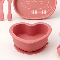 Ensemble repas bébé en silicone Lapin Rose : Assiette à ventouse, bol, bavoir, cuillère, fourchette, tasse à paille et anneau de dentition