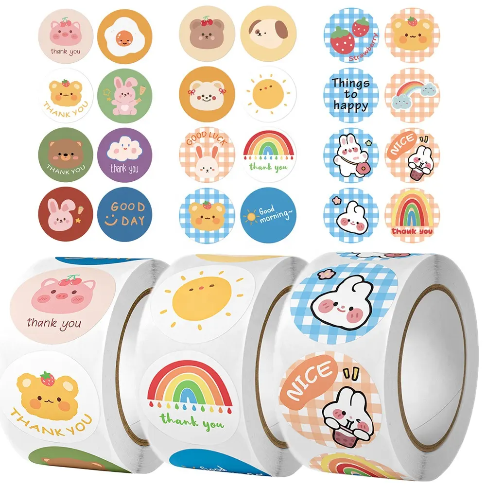 สติกเกอร์การ์ตูน Kawaii 500ชิ้น/ม้วน,มีกาวในตัวป้ายขอบคุณปิดผนึกของขวัญบรรจุภัณฑ์และของตกแต่งสติกเกอร์น่ารักไดอารี่ DIY