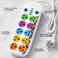 Multiprise universelle 2500W à 10 prises avec 1 port Type-C, 3 ports USB à charge rapide, double interrupteur, fiche UE à 90 degrés pour la maison et le bureau