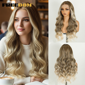 LIBERDADE 24 Inch Long Body Wave peruca frontal sintética para as Mulheres 360 Frontal <span class=keywords><strong>Wig</strong></span> Destaque para Ombre Blonde Brown Small Cap - Product Image 1
