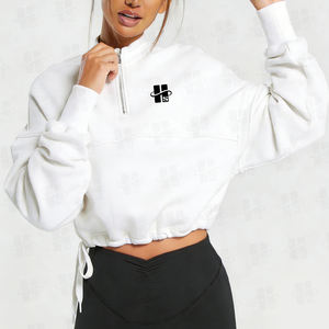 Wholesale Custom Design Quarter Zip Crop Sweatshirt Stand Collar Drawstring Adjustable Hem Long Sleeve Women Baggy Pullover <b>Tops</b> - Product Image 2
