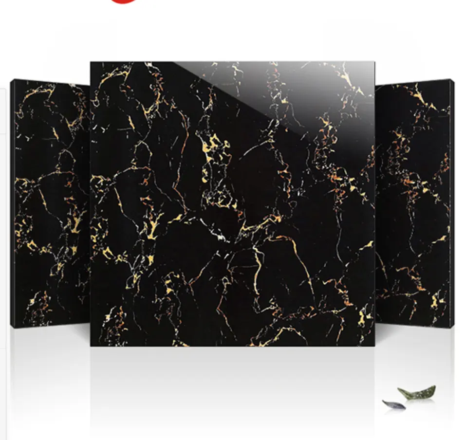 600*600mm 800*800mm Dubai Factory Supply With Gold Marble Pattern Glossy Tiles Black Tile