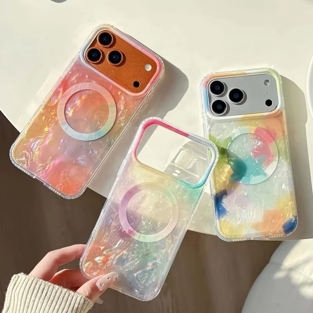 For 16 Pro Max 15 14  Mobile Phone case Protect Cover Magnetic Charging Shockproof Rainbow IMD Marble Design for iphone 17E 12