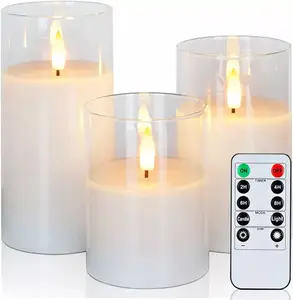 Bougie led 3d vraie flamme lumière à piles télécommande verre gris bougies électroniques sans flamme